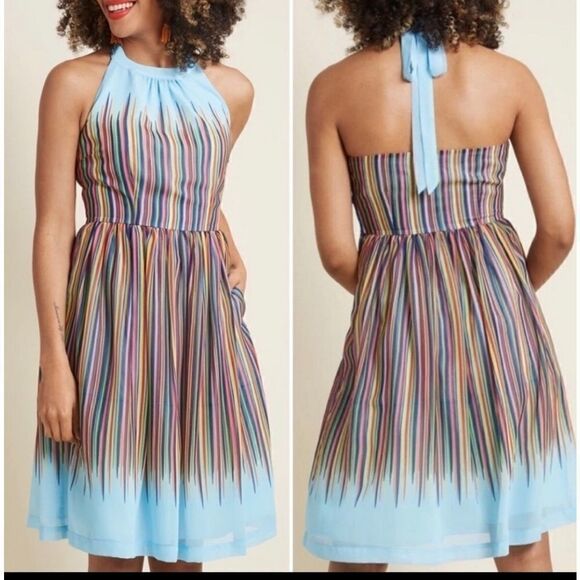 Modcloth Dresses & Skirts - NWT ModCloth What's the Zeal Rainbow Stripe Halter Dress L